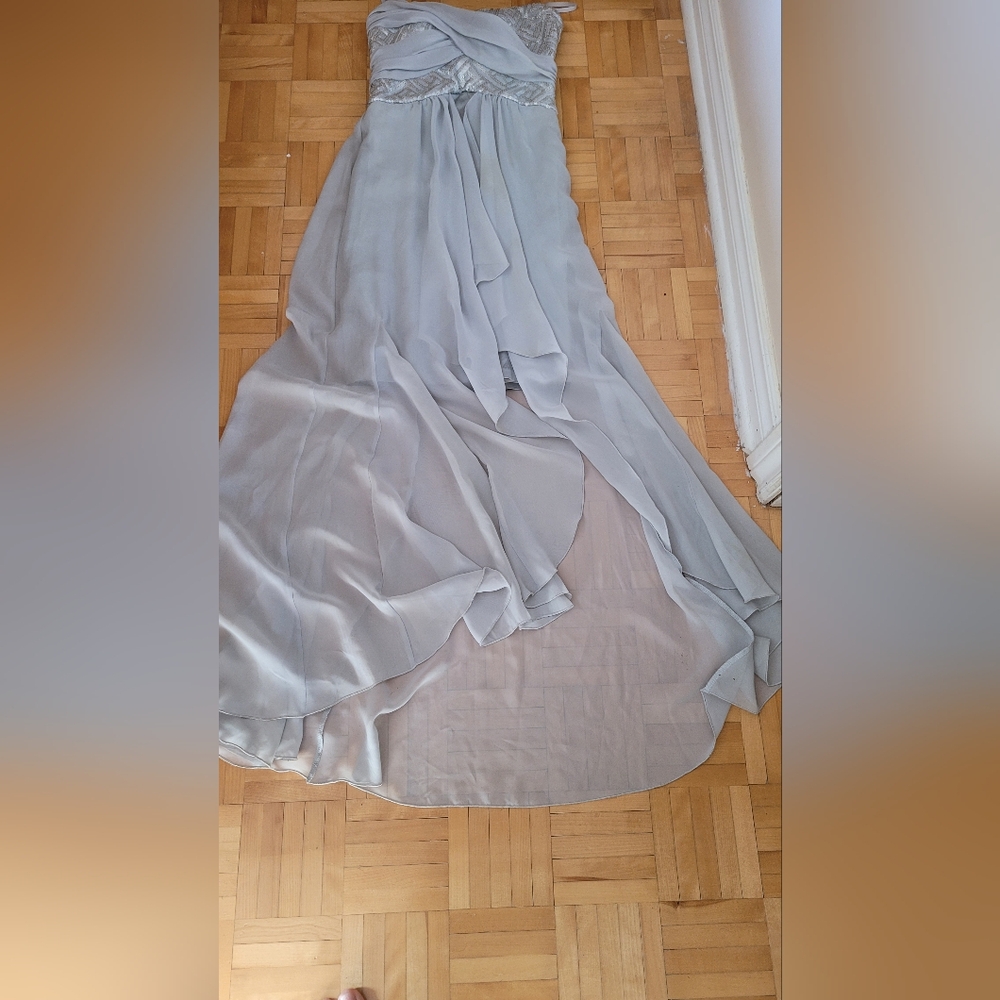 Le Chateau Silver and Cream Asymmetrical Ruched Gown